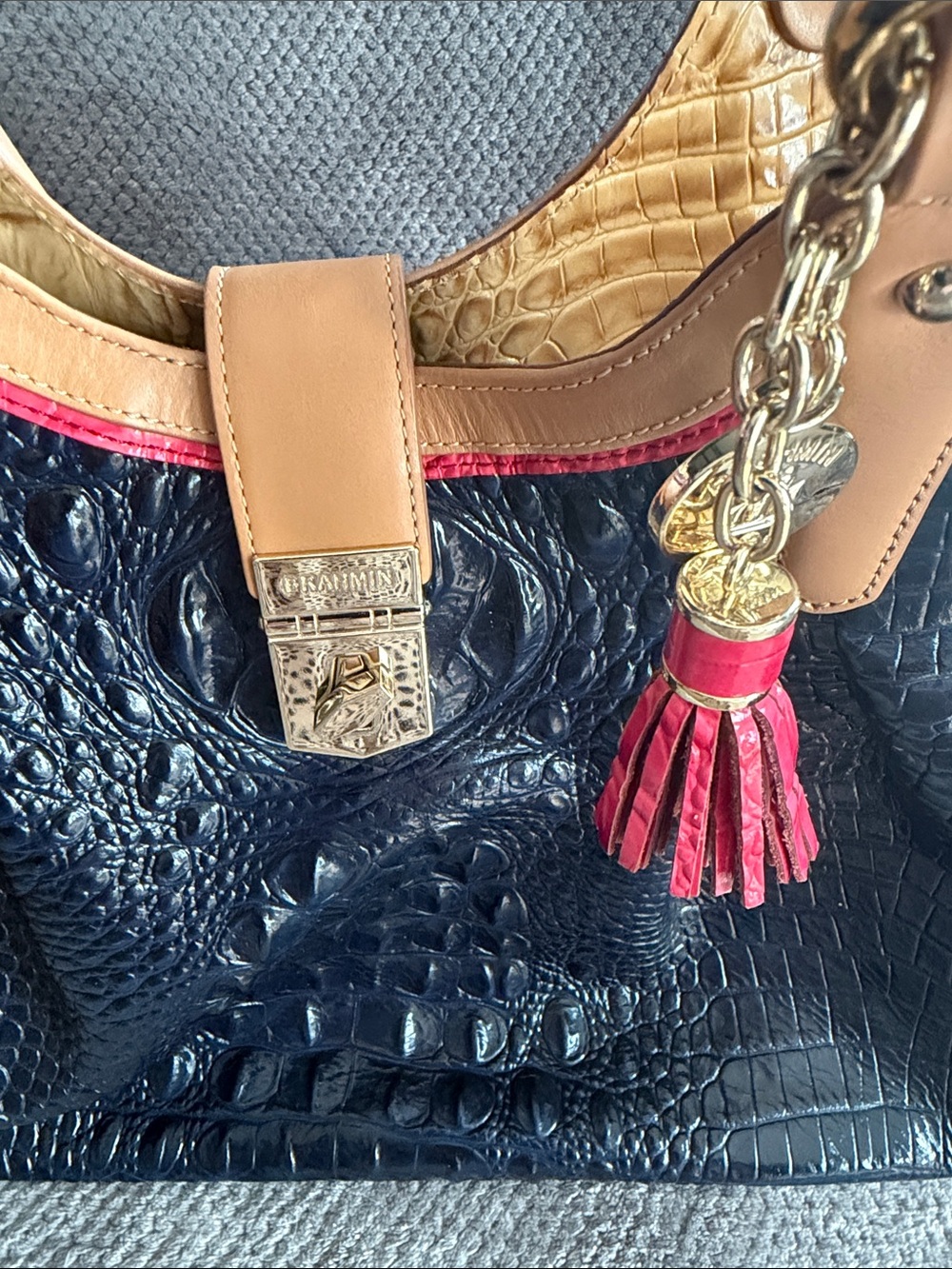 Brahmin Navy Croc-Embossed Tote with Tan Trim and Pink Accent - Picture 2 of 7